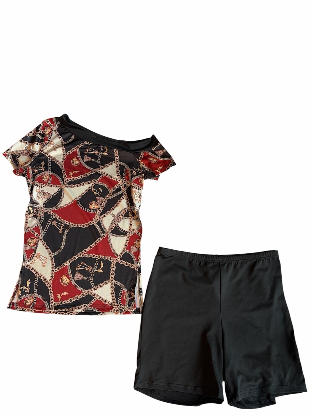 SHEIN Black Red and Cream Chain-Print Top with Black Bike Shorts Size XL #54